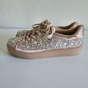 Aldo Women Platform Sneakers Sz 9 Rhinestone Pink Satin  Sparkling Studded Rare